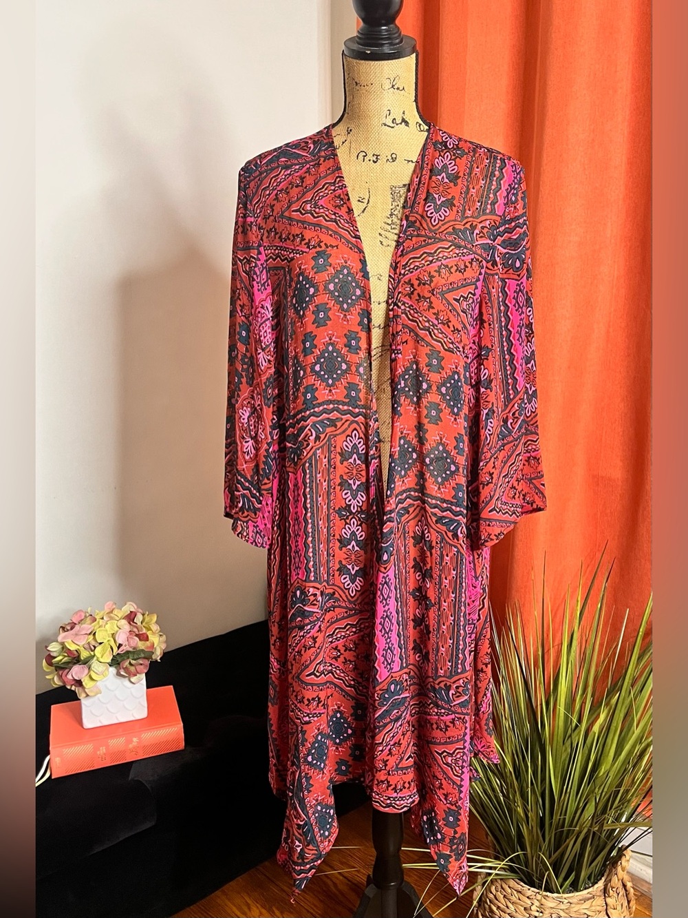 Boho Paisley Open Front Kimono - Red & Pink